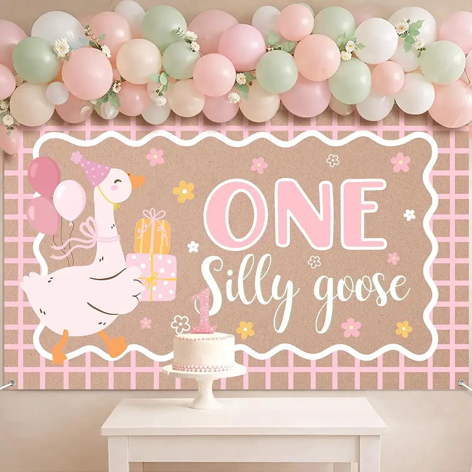 One Silly Goose 1st Birthday Backdrop, 6.1 x 3.6 ft Pink