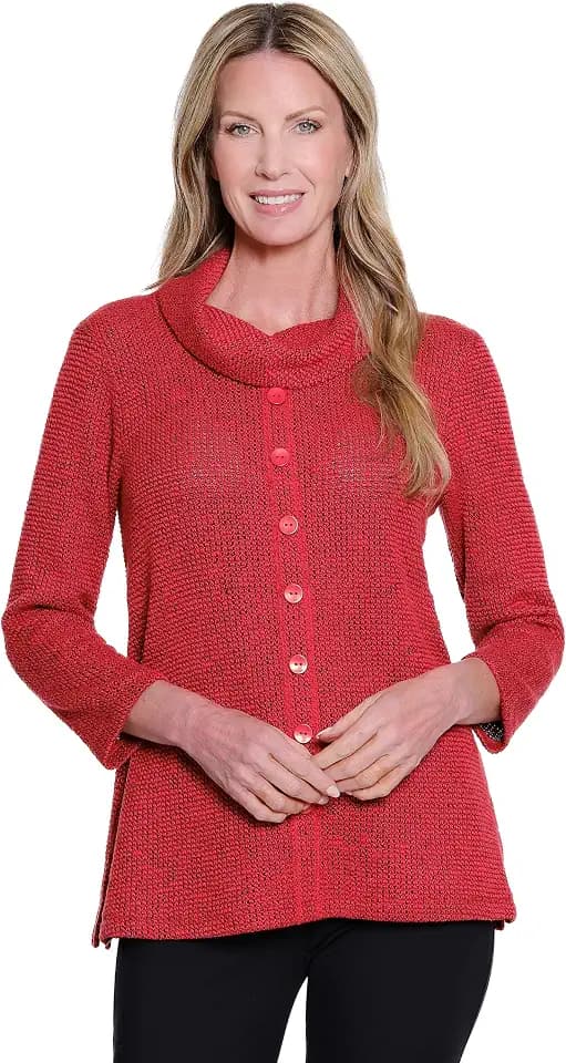 MULTIPLES Women's 3/4 Sleeve Cowl Collar Faux Button Front Top