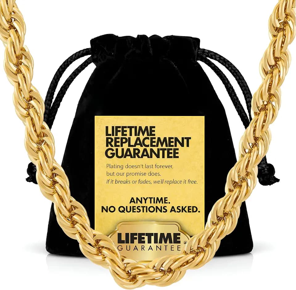 LIFETIME JEWELRY 7mm Gold Rope Chain for Men Women - Diamond Cut 24k Real Gold Plated Necklace - Durable Clasp - with Lifetime Replacement