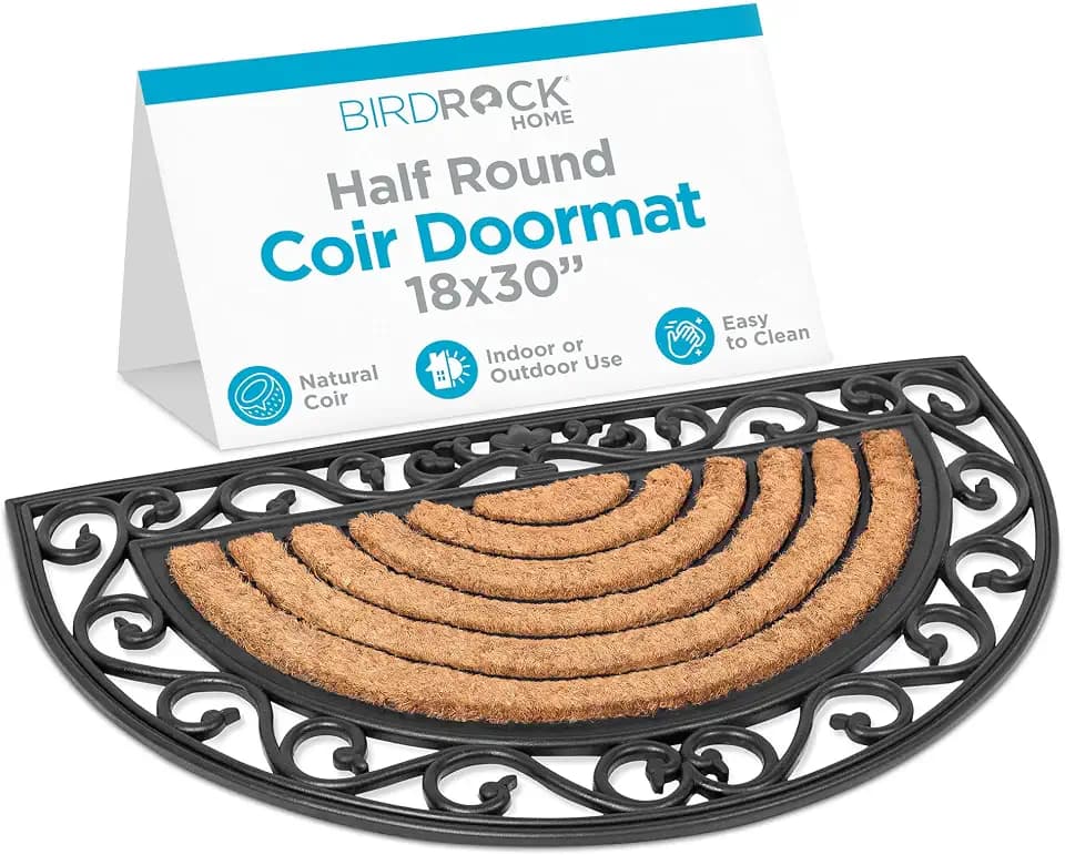 BIRDROCK HOME 18 x 30 Half Round Natural Coir and Rubber Doormat with Scroll Border | Natural Fibers | Outdoor Doormat | Keeps Your Floors Clean | Decorative Design | Brush Coir