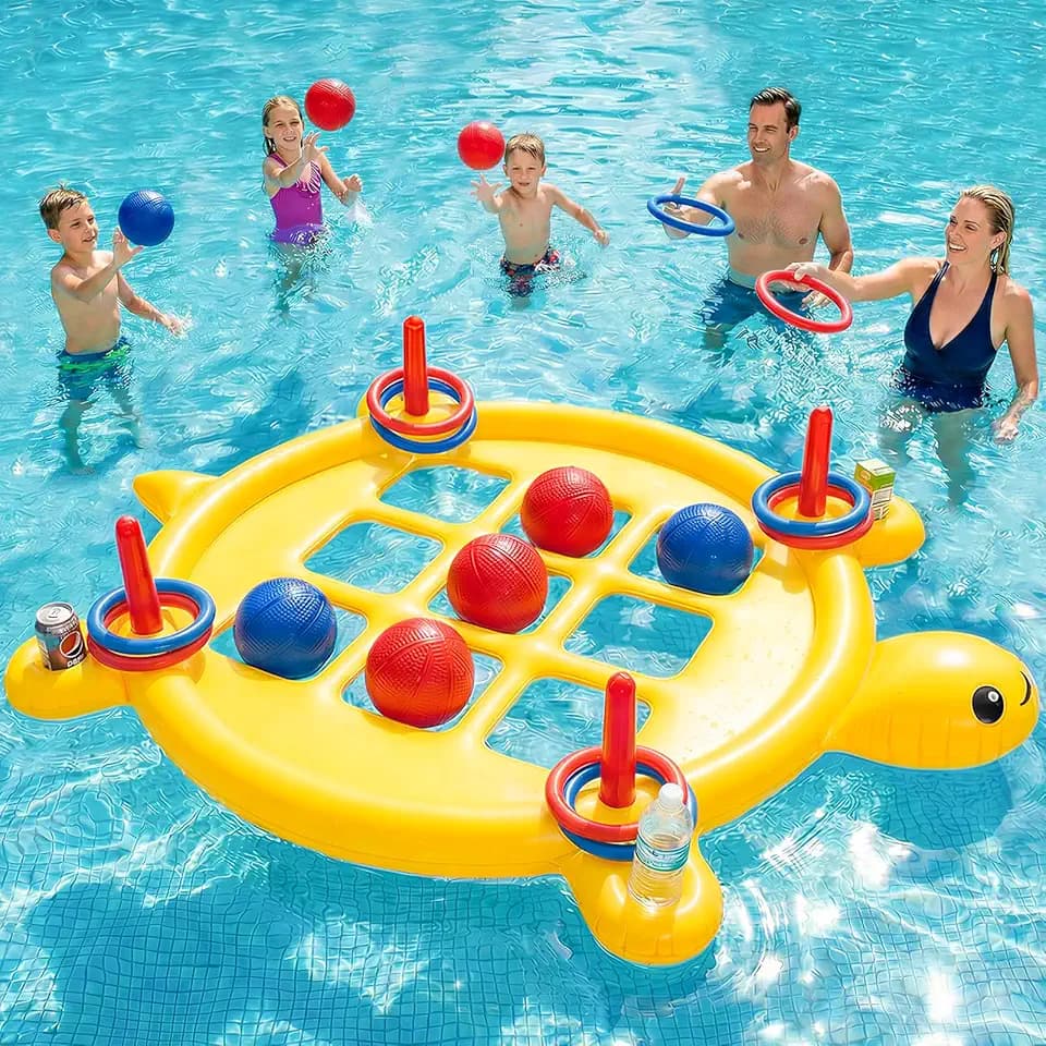 2 in 1 Pool Toys Games for Kids, Pool Tic Tac & Ring Toss Games for Adults Teens Family Party, Giant Inflatable Floating Tic Tac Toe with Cup Holder, 10 Balls & 10 Rings, Fun Swimming Beach Yard Game
