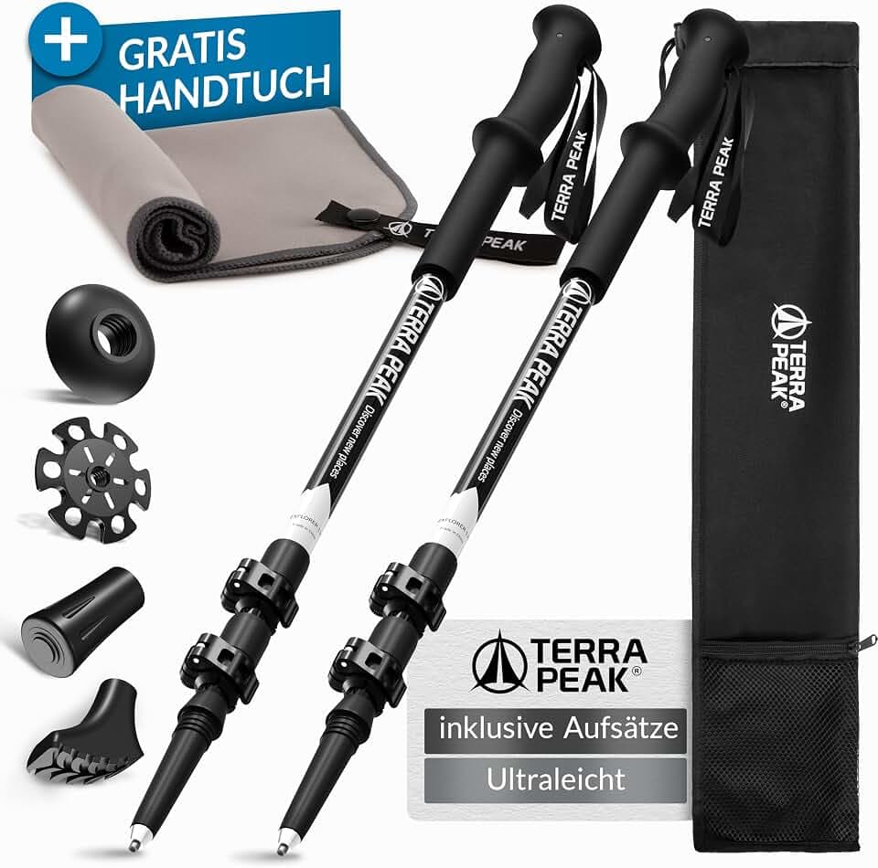 Terra Peak® Premium Wanderstöcke Teleskop ultra-leicht, ausziehbar aus Carbon o. Aluminium INKL. Mikrofaser-Handtuch - Damen & Herren Trekkingstöcke & Nordic Walking Stöcke mit Gummipuffer verstellbar