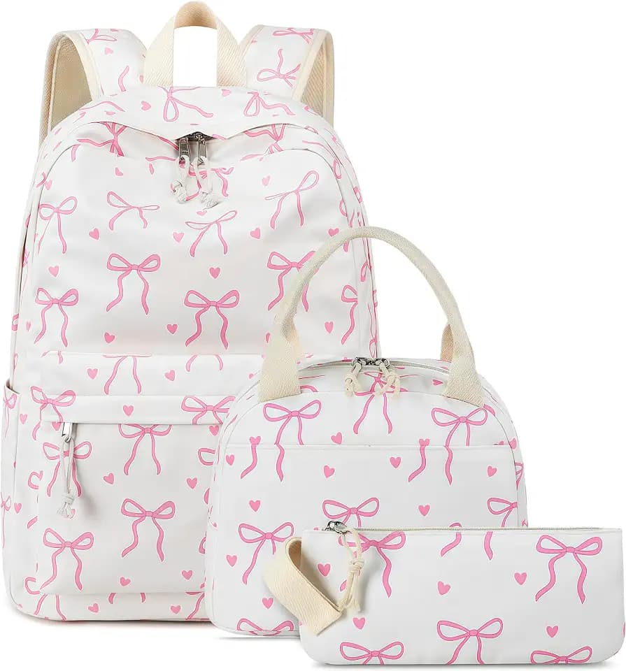LOIDOU Backpack for Teen Girls Bookbags School Backpack with Lunch Box and Pencil Case 3 in 1 School Bags Set (Pink Bow Tie 18)