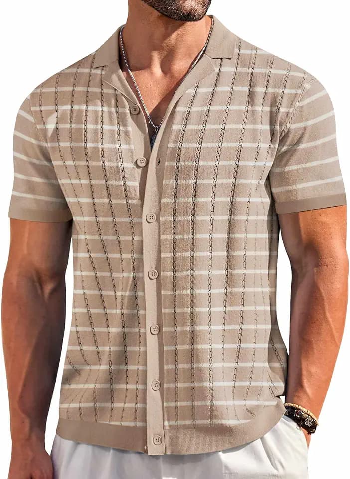 COOFANDY Men's Short Sleeve Knit Shirt Casual Button Down Shirt Vintage Striped Knitted Golf Beach Tops
