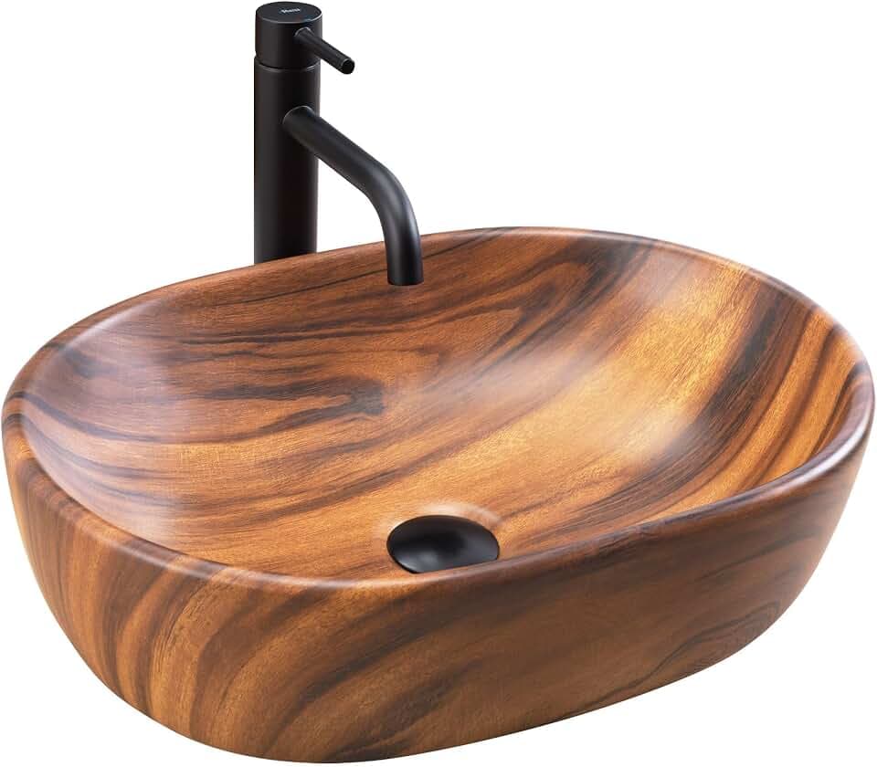 Rea Aufsatzwaschbecken AMELIA WOOD MATT Waschtisch Handwaschbecken Waschschale Waschbecken für Badezimmer aus hochwertiger Keramik 34,5 x 48 x 13,5 cm (Braun)