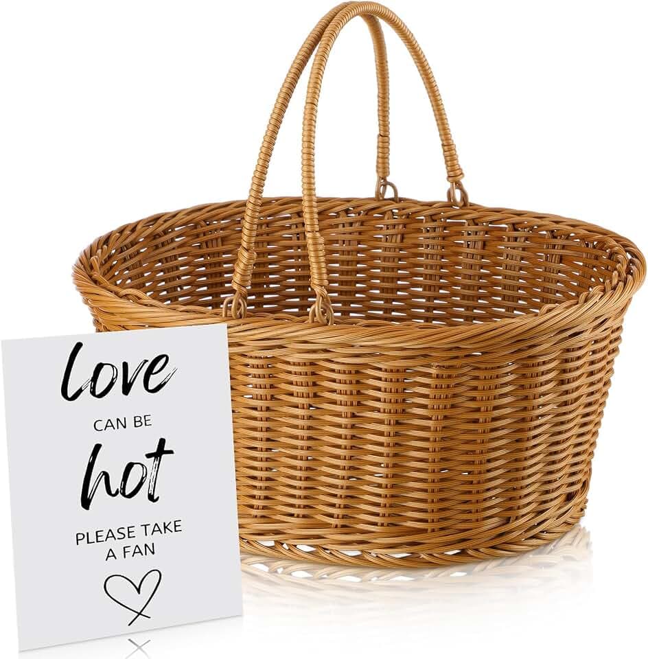 Aceorbit Wedding Fan Storage Basket with Handle Rustic Wicker Rattan