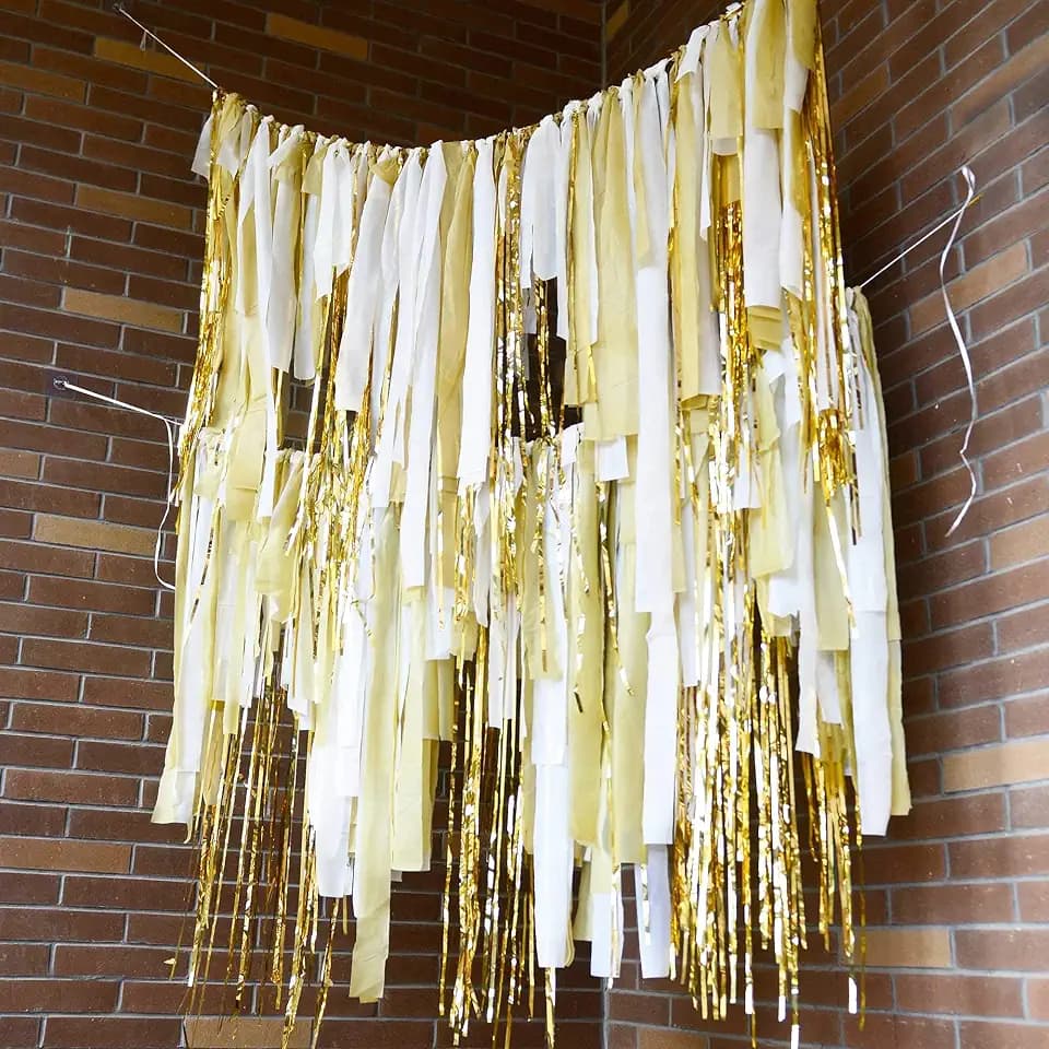 White Gold 200 Plastic Strips Streamer Backdrop, DIY Streamers Pastel Ribbon Fringe Curtain Backdrop for Birthday Bachelorette Wedding Baby Shower Party Decorations (NOT Pre-Assembled)