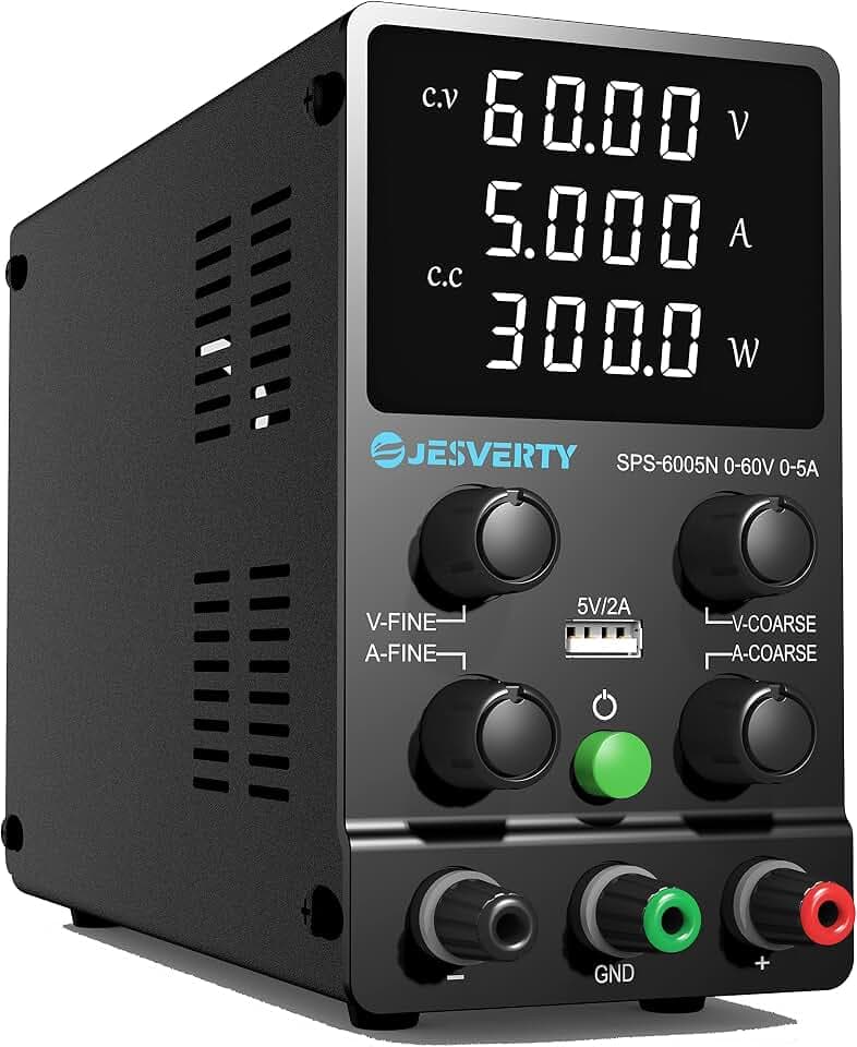Labornetzteil, Jesverty Labornetzteil DC Regelbar Netzgerät(60 V, 5 A) mit hochpräzisem 4-stelligem LED-Display, 5 V/2 A USB-Port-Testleitungsausgang, grobe und feine Einstellungen SPS-6005N