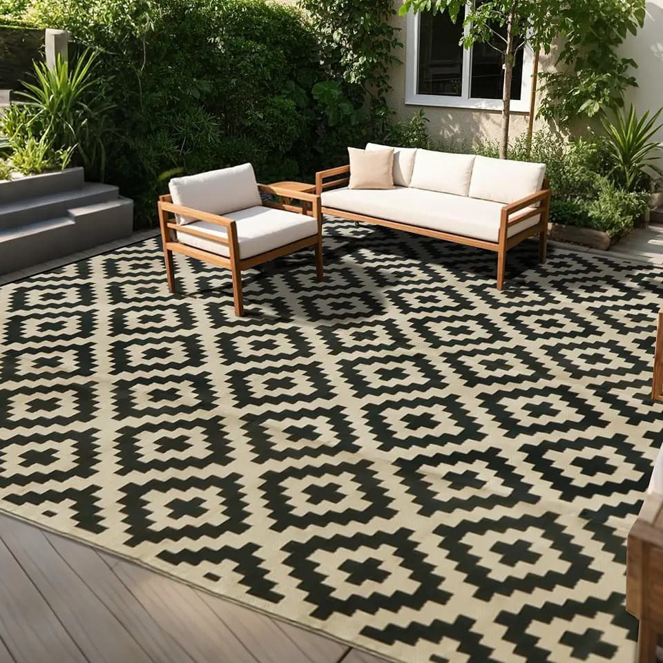 SAND MINE Reversible Mats, Plastic Straw Rug, Modern Area Rug, Large Floor Mat and Rug for Outdoors, RV, Patio, Backyard, Deck, Picnic, Beach, Trailer, Camping, Black & Beige, 10' x 14'