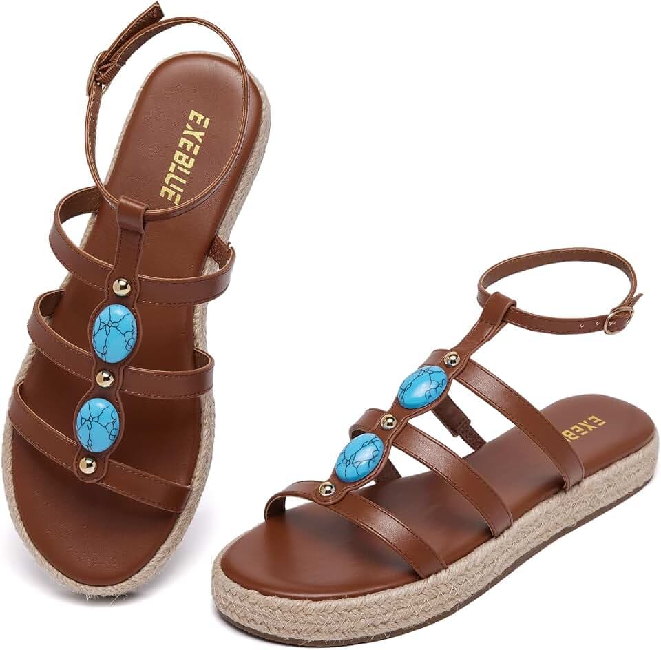 Women's Bohemian Espadrille Platform Sandals,Open Toe Wedge Sandals with Turquoise Decor, Adjustable Ankle Buckle, Summer Beach Shoes