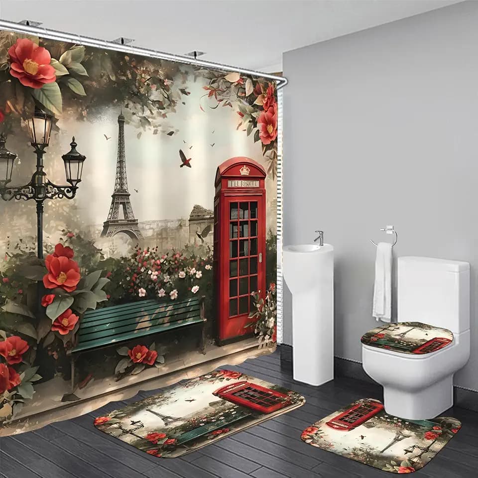 Chrainy 4pcs Paris Tower Red Shower Cutain Set Bathroom Decor with Rugs