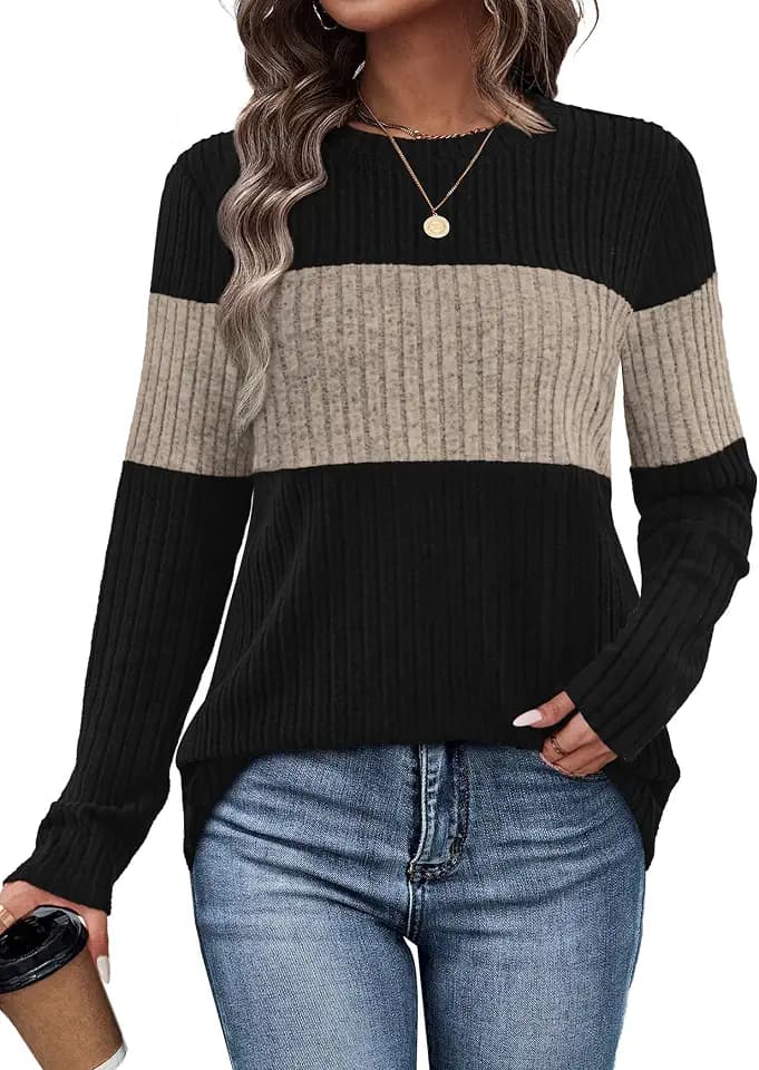 WIHOLL Womens Sweaters Trendy Color Block Tops Long Sleeve Shirts Fall Outfits Early Fall Fashion 2026 Winter Clothing