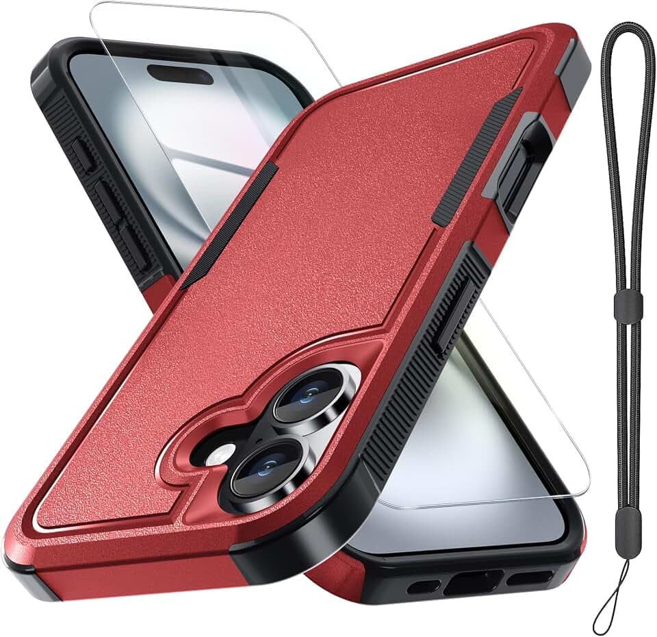 Case for iPhone 17 Phone Cover with Screen Protector,Military Grade Heavy Duty Shockproof PhoneCase with Wrist Lanyard Strap,2025 Red