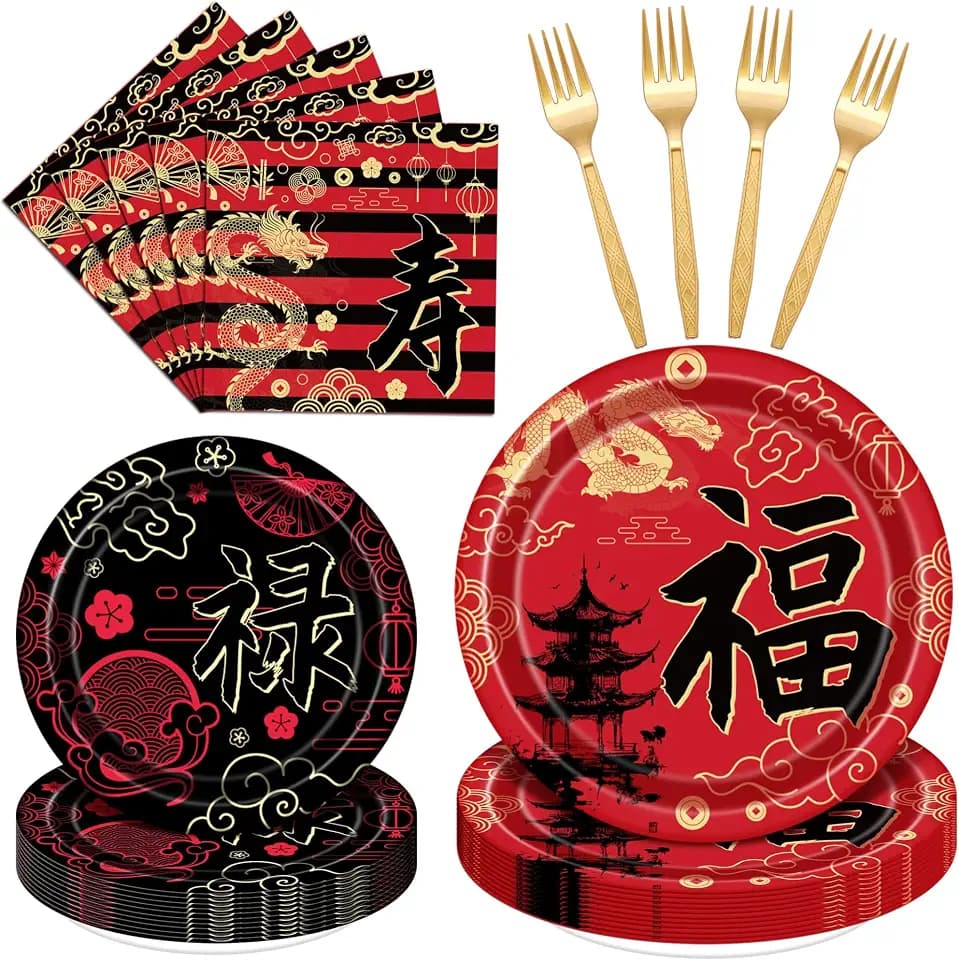 Hibachi Disposable Dinnerware Set Japanese Paper Plates Chinese Napkins Red Black Tableware Kit Spring Festival Party Supplies Decorations for Birthday Wedding Events