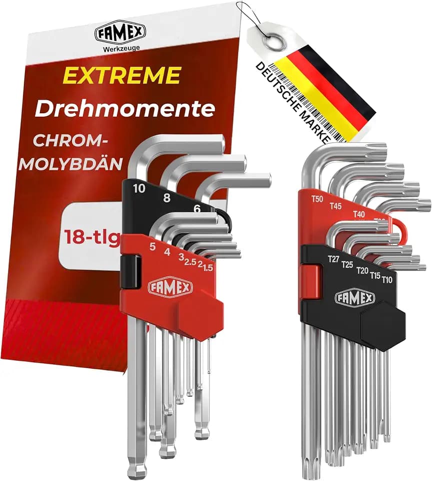 FAMEX 10790 Sechskant Winkelschraubendreher für Innensechskant- und für Torx-Schrauben, lang, 18-teilig, aus speziellem Chrom-Vanadium-Molybdän-S2-Stahl, extrem hoch belastbar