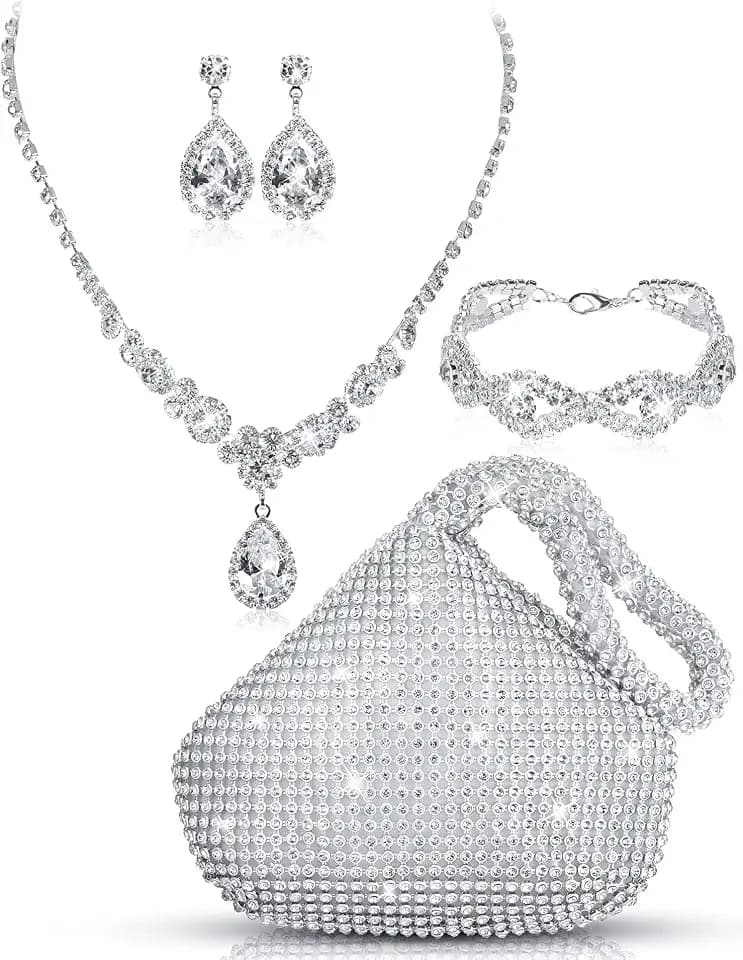 Meanplan 4 Pcs Rhinestone Jewelry Set Clutch Purse for Women