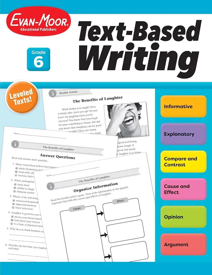 Evan-Moor Text-Based Writing, Grade 6 – Homeschooling and Classroom Resource Workbook, Citing Evidence, Prompts, Leveled Texts, Informative, Compare and Contrast, Opinion, Sequence, Biography