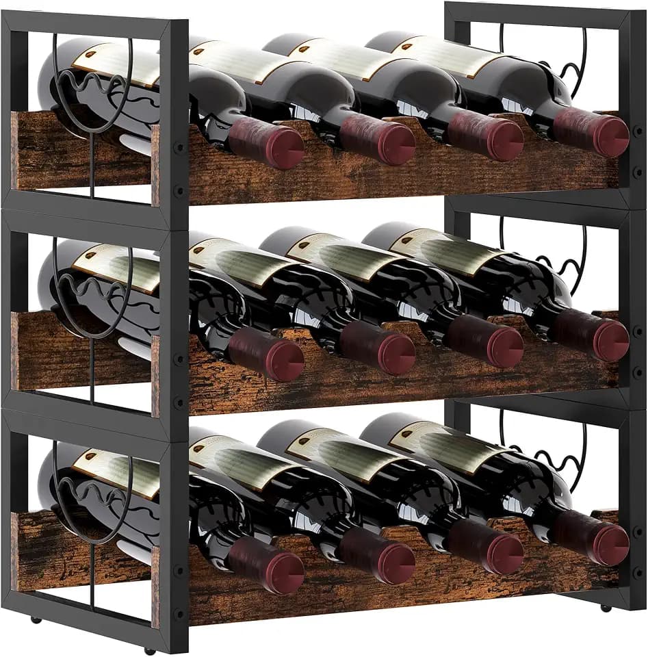 TQVAI Small Wine Racks 12 Bottle Countertop 3 Tier Wine Holder Bottle Storage Stackable Wine Racks Free Standing, Antique Brown