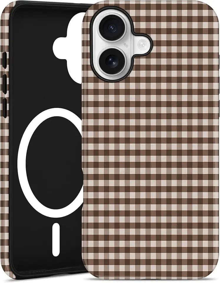 Magnetic Plaid Phone Case for iPhone 16, Brown