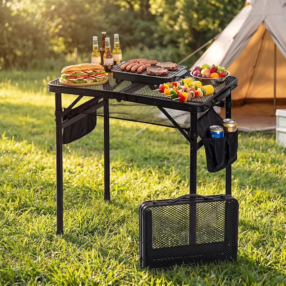 Campingtisch Klappbar Klapptisch Tragbarer Picknicktisch Leicht Beistelltisch Camping Folding Table Mesh Desktop Camping Falttisch Kleiner Grill Tisch für Camping BBQ RV Picknick