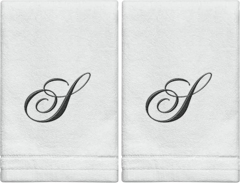 Monogrammed Towels Fingertip, Personalized Gift, 11 x 18 Inches - Set of 2- Black Embroidered Towel - Extra Absorbent 100% Cotton- Soft Velour Finish - For Bathroom/ Kitchen/ Spa- Initial S (White)