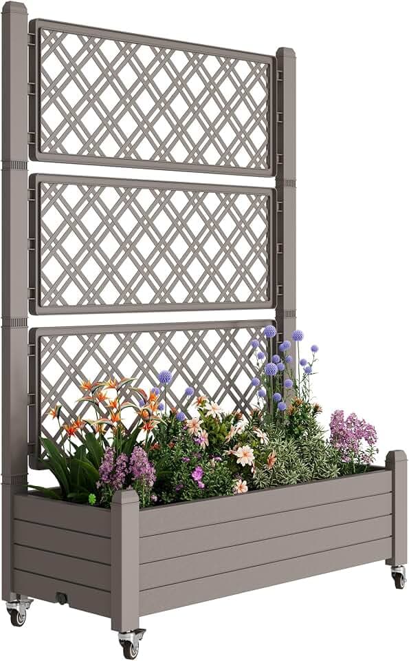 Resin Raised Garden Bed with Trellis and Wheels - Plasitc Planter Box with Trellis Outdoor with Drainage Holes & Water Monitor for Climbing Plants, Flower, Medium Gray(61.2" H)