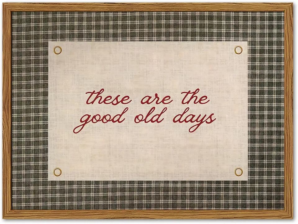 Framed These Are The Good Old Days Wall Art, Vintage Family Inspirational Quote Pictures Wall Decor, Retro Green Gingham Paintings Prints Motivational Home Decor for Living Room Bedroom 12x16 inch
