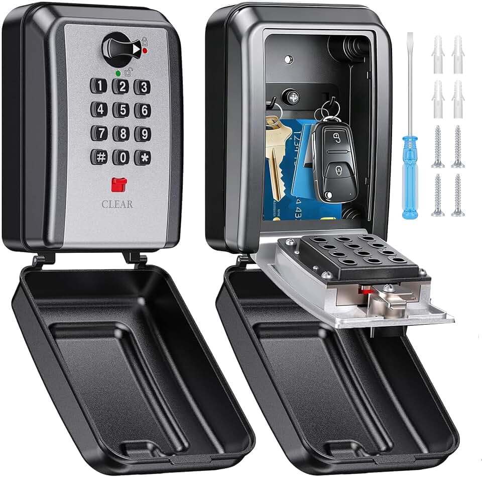 BKNOOU Waterproof Key Lock Box, Large Capacity Wall Mount Key Box with Code