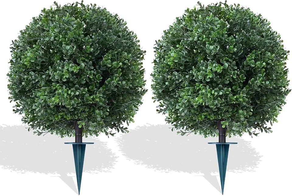 Grooy Artificial 2 Pack Boxwood Topiary Plant with Ground Spike for Outdoor