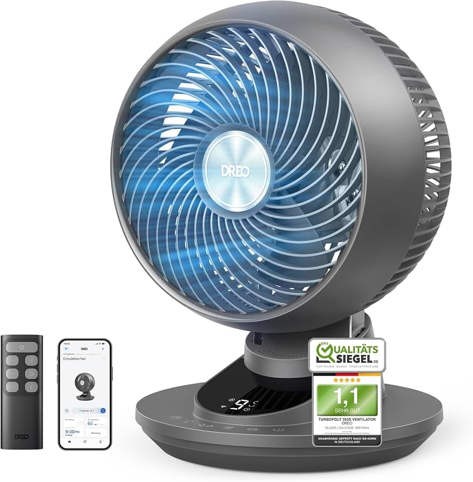 DREO 3D Tischventilator Sehr Leise 22 dB, Ventilator Klein mit Fernbedienung, 8,8 m/s Starker Luftstrom, 90° Oszillation, App & Sprachsteuerung, 9 Stufen, 8/12h Timer für Schlafzimmer & Büro