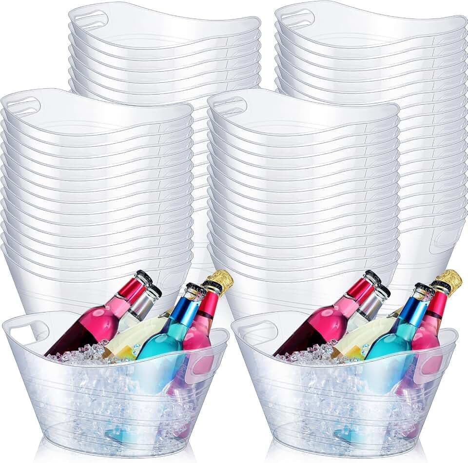 Norme 64 Pcs Oval Storage Tub with Handles, 4.5L Plastic Clear Ice Bucket Wine Beer Champagne Bottle Drink Cooler Tub for Christmas Parties Beverage, Storage Basket Gift