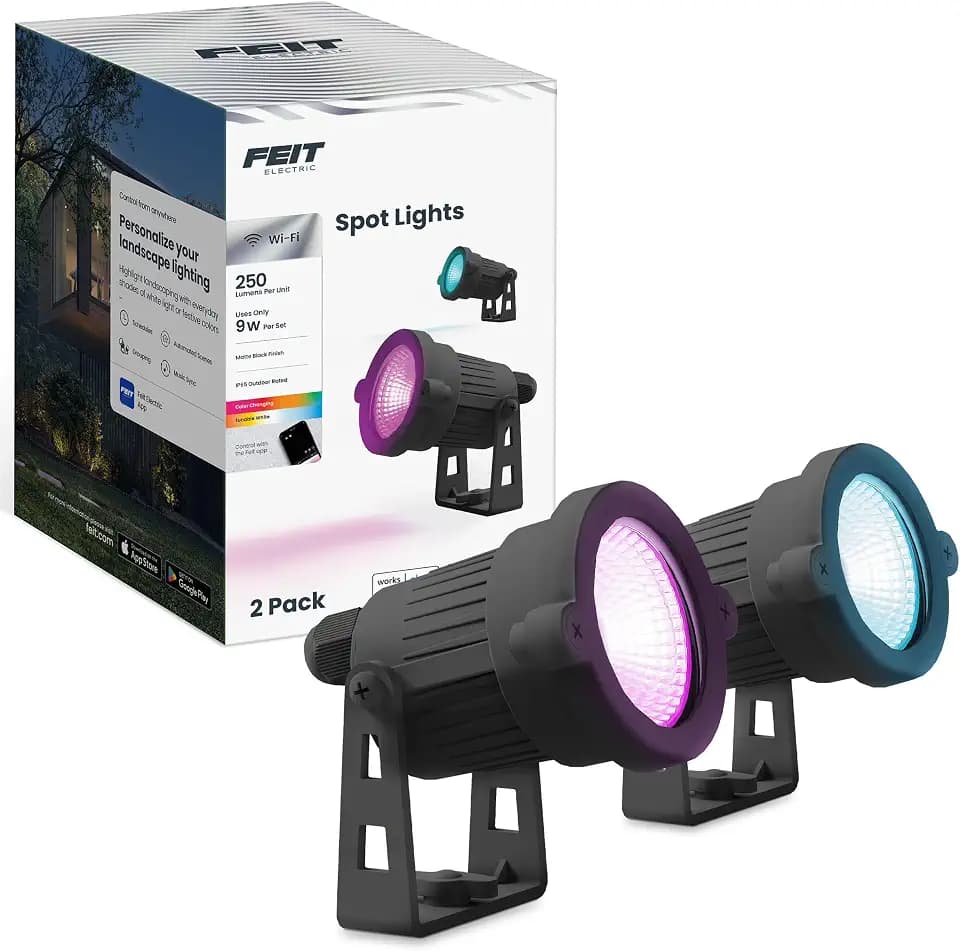 Feit Electric Smart Color Changing & Tunable White Outdoor Spotlights, 250 Lumens, Music Sync, Voice Control Compatible with Alexa & Google Home, Linkable, App Controlled, SPOT/RGBW/AG/2, 2-Pack