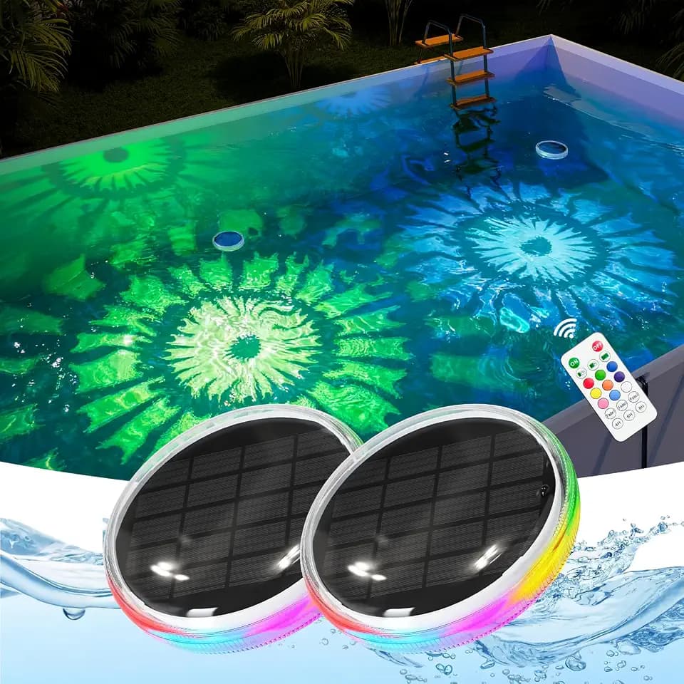 2-Pack RGB Solar Floating Pool Lights with Remote, Waterproof