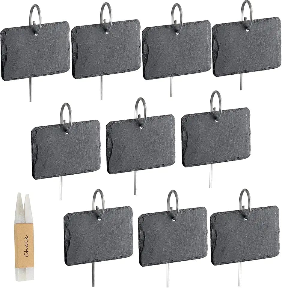 10 Schiefer-Pflanzschilder mit 40 cm Spießen & 2 Kreidestiften