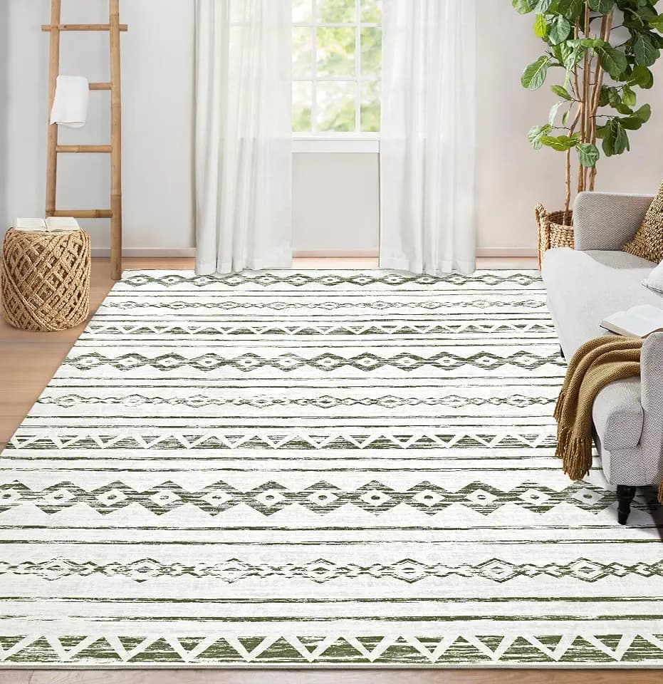 Area Rug Living Room Carpet: 5x7 Large Moroccan Soft Fluffy Geometric Washable Bedroom Rugs Dining Room Home Office Nursery Low Pile Decor Under Kitchen Table Sage Green