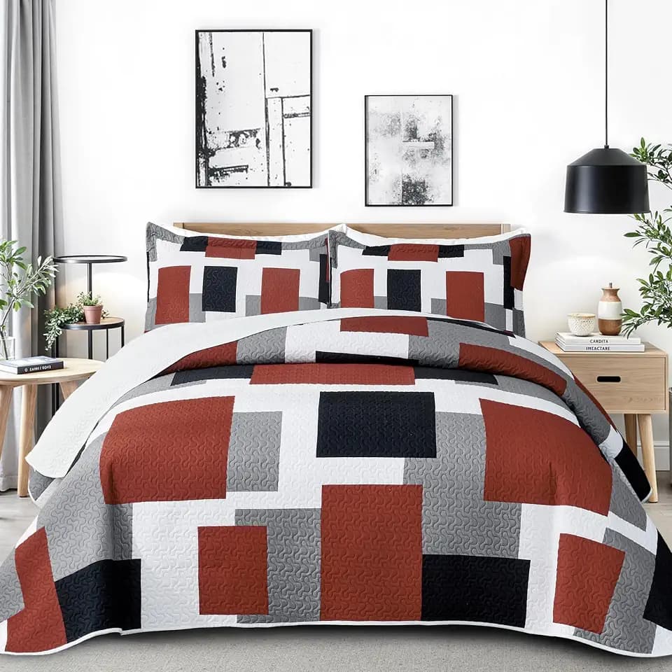 Tyrot 2 Piece Burnt Orange Quilt Twin Size Black White Quilt Bedding Set