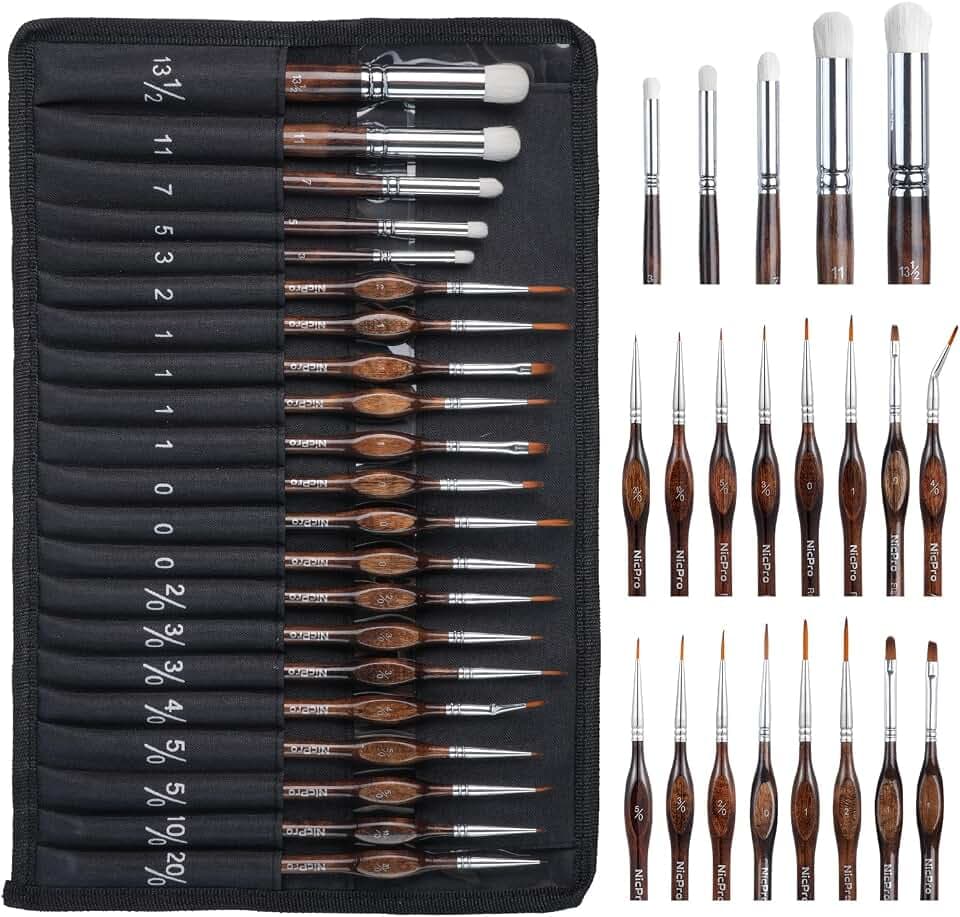 Nicpro Feine Pinsel mit Drybrush – 21-teiliges Modellbau Pinselset mit Stoffrolle für Acryl, Aquarell, Dünne Pinsel und Dry Brush für Modellbau, Miniaturmalerei, Schulmalpinsel