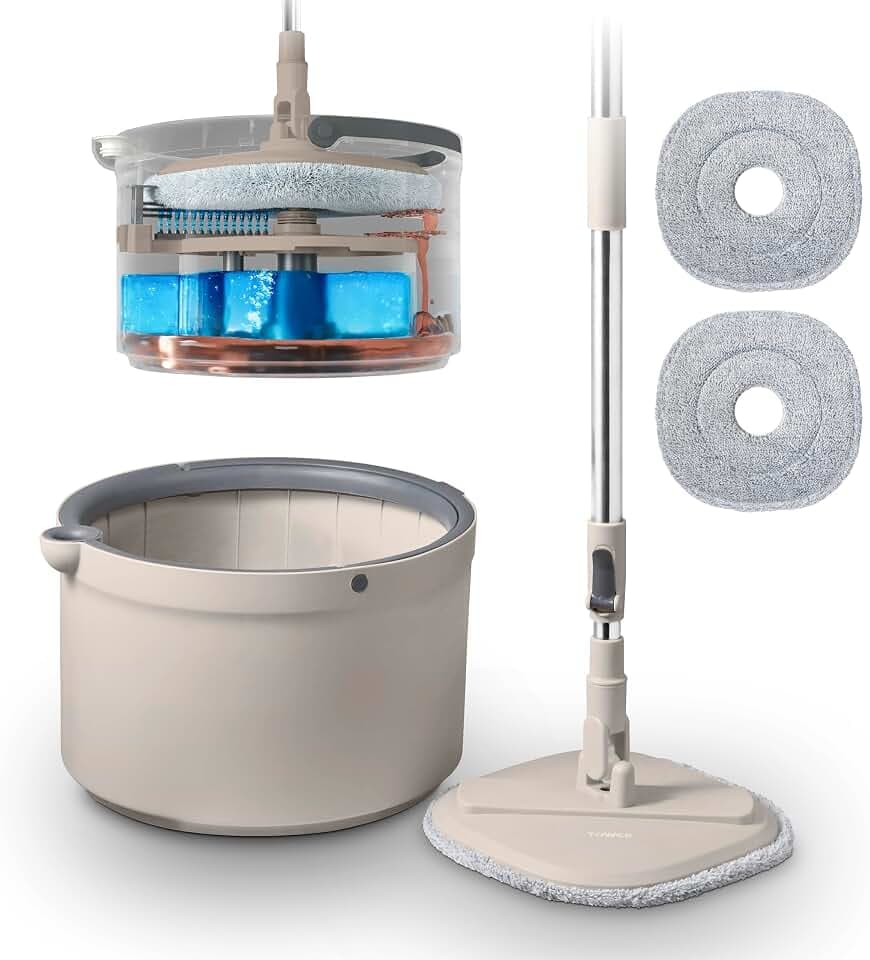 Tower Duo Compact Spin Mop & Eimer Saubere & Schmutzwassertrennung Müheloses 360° Auswringen 2 Wiederverwendbare Mikrofaser Wischpads Latte & Grau