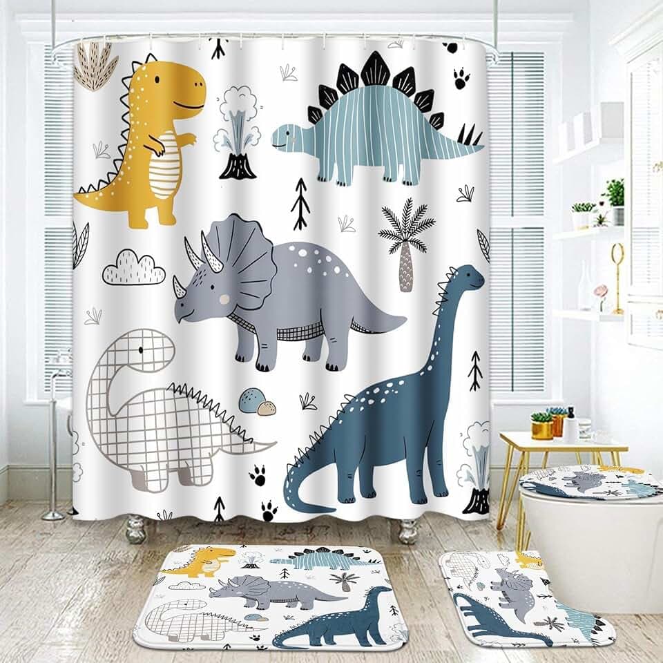 ArtSocket Bathroom Sets with Shower Curtain and Rugs, Set of 4, Dinosaur
