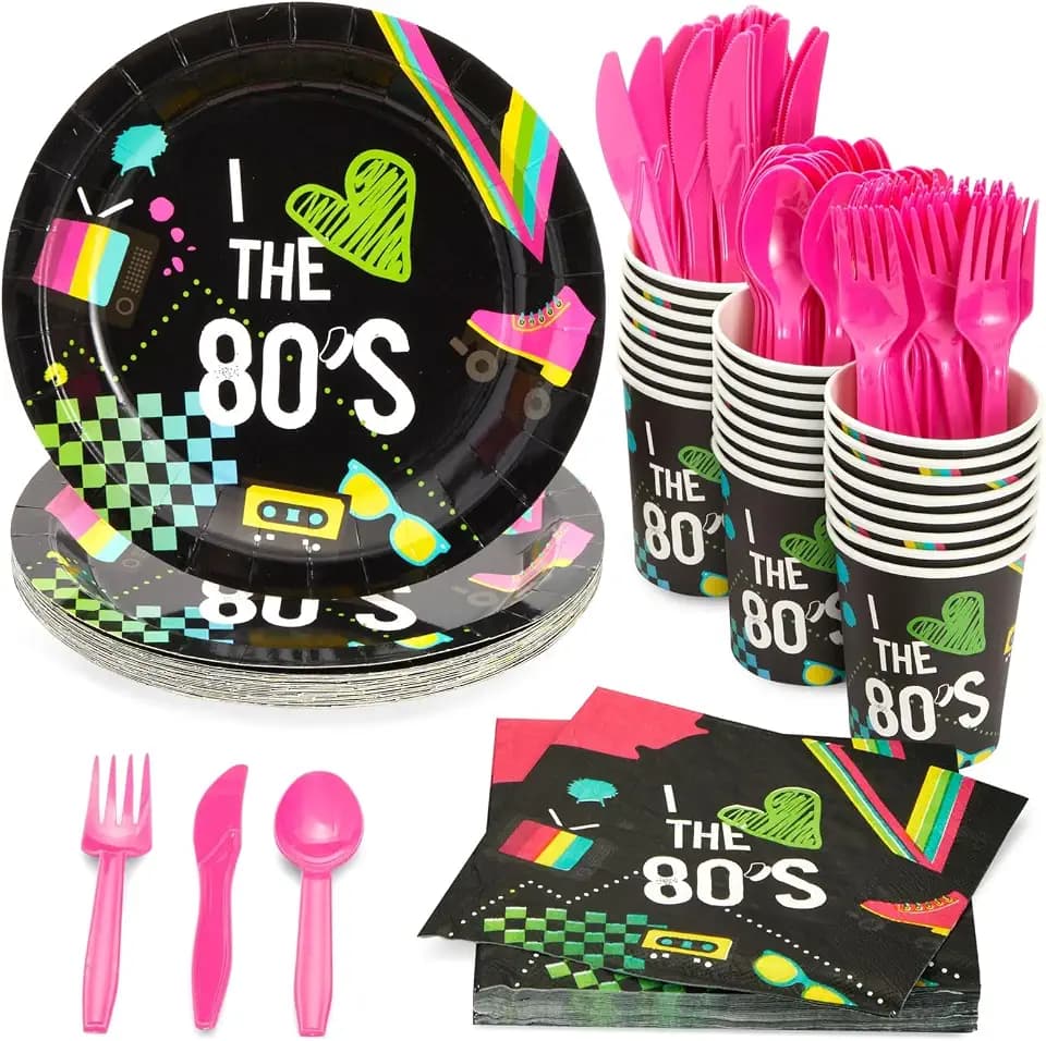 BLUE PANDA Serves 24 80s Birthday Party Decorations, Includes Plates, Napkins, Cups, and Cutlery, Back to the Neon Party Supplies Pack, I Love the Decor (144 Pieces Total)