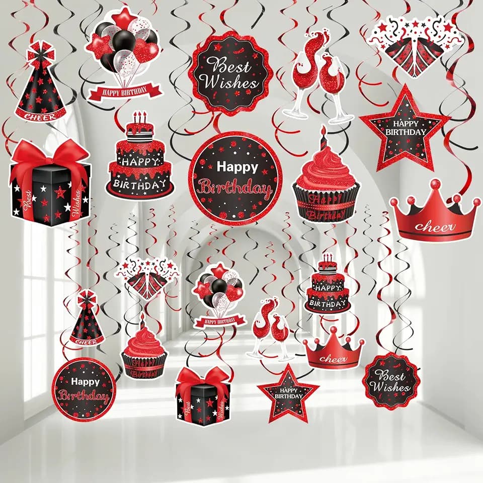 Funrous 30 Pcs Red and Black Happy Birthday Hanging Swirls Party Decors Birthday Party Hanging Swirl Decorations Red Streams Ceiling Decors for Party Decorations Supplies