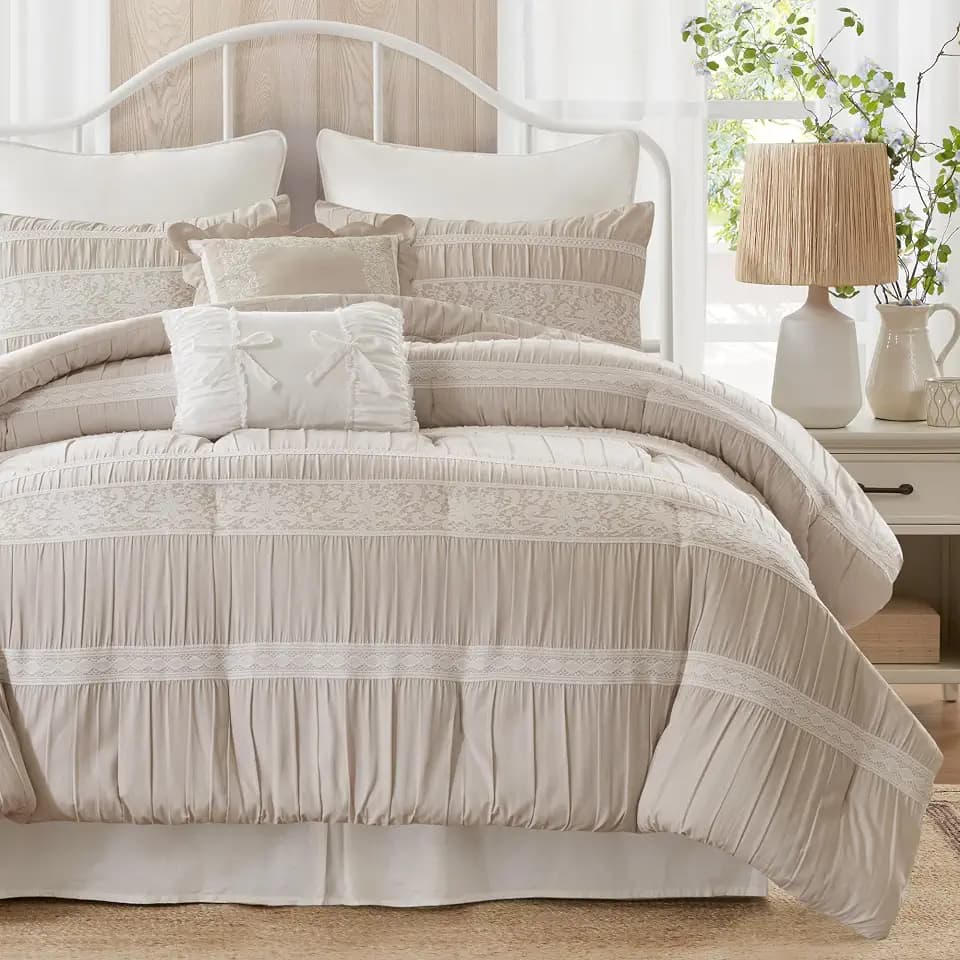 Madison Park 5-Piece Farmhouse Comforter Set with Ruching & Lace Trim, Soft Chambray Bedding, Includes Comforter and 2 Decorative Pillows, Queen, Neutral