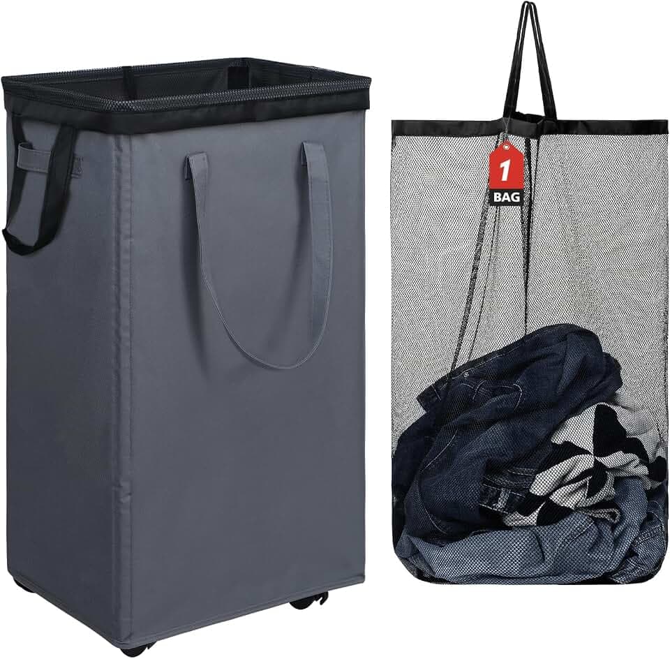 DOKEHOM 90L X-Large Rolling Laundry Basket Hamper on Wheels, Grey