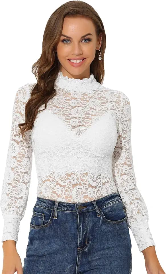 Allegra K Damen Langarm Spitzenoberteil Sheer Smock Rollkragen Shirt