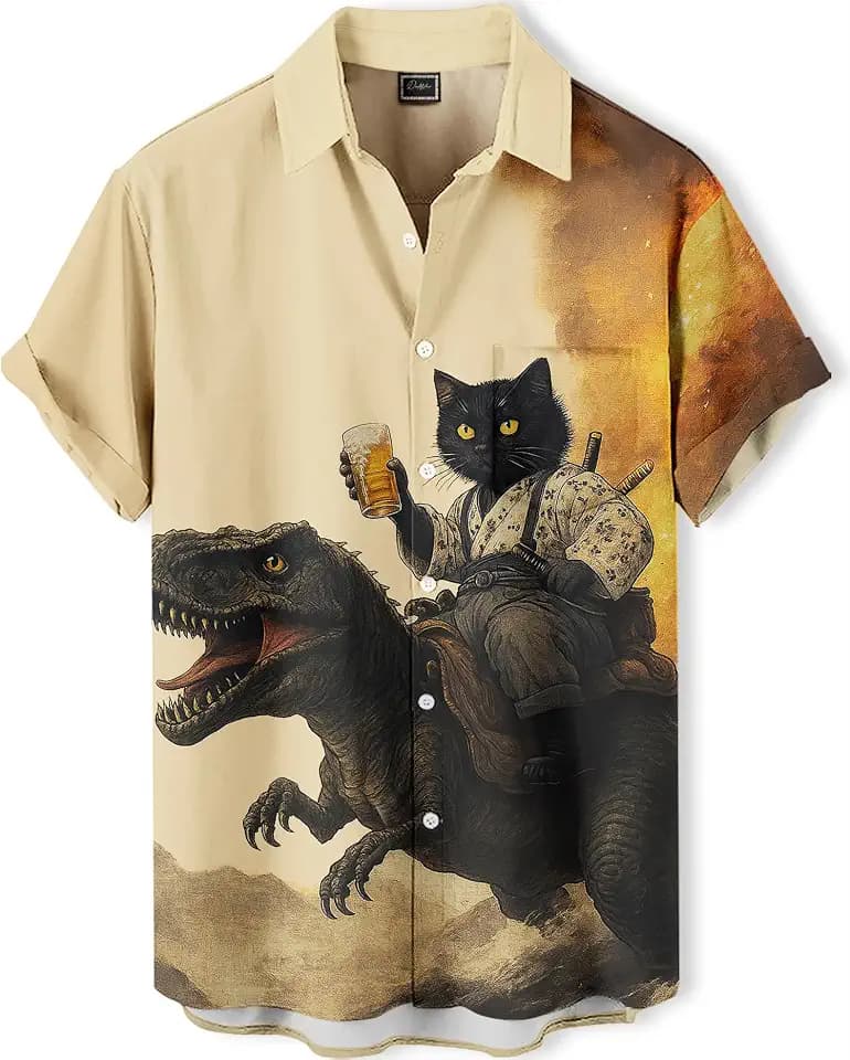 Japanese Art Style Men's Hawaiian Shirt Funny Printed Casual Short Sleeve Button Down Shirts