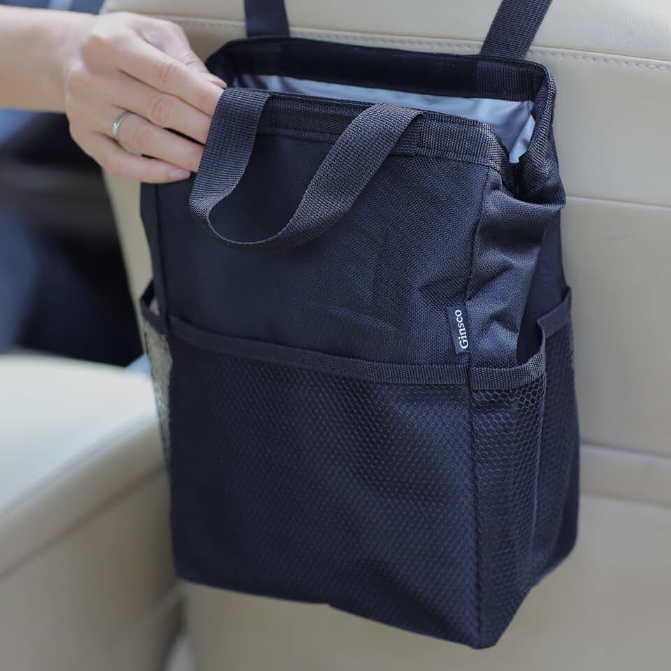 Ginsco New Leak-Proof Travel Trash Bag, Hanging Car Trash Can with Hook and Loop Lid and Handle, Multipurpose Trash Bin with Storage Pockets for Car SUV Truck RV Camping 2 Gallons, Black