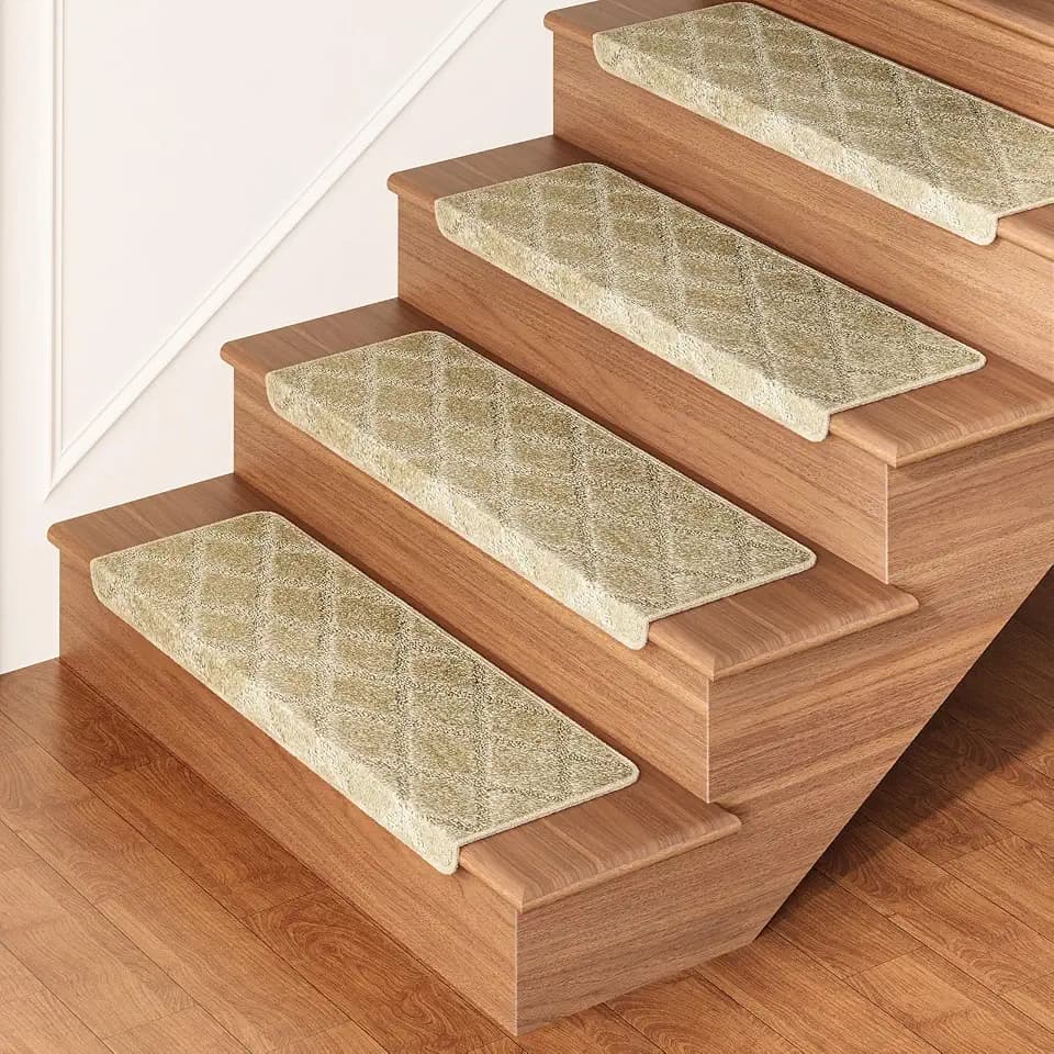Bullnose Carpet Stair Treads for Wooden Steps Indoor 9.5" x 32" | 14 Pcs Stair Runner Rugs Non Slip with Rounded Edge Protection, Reusable Peel-Stick TIR Backing,Khaki Diamond