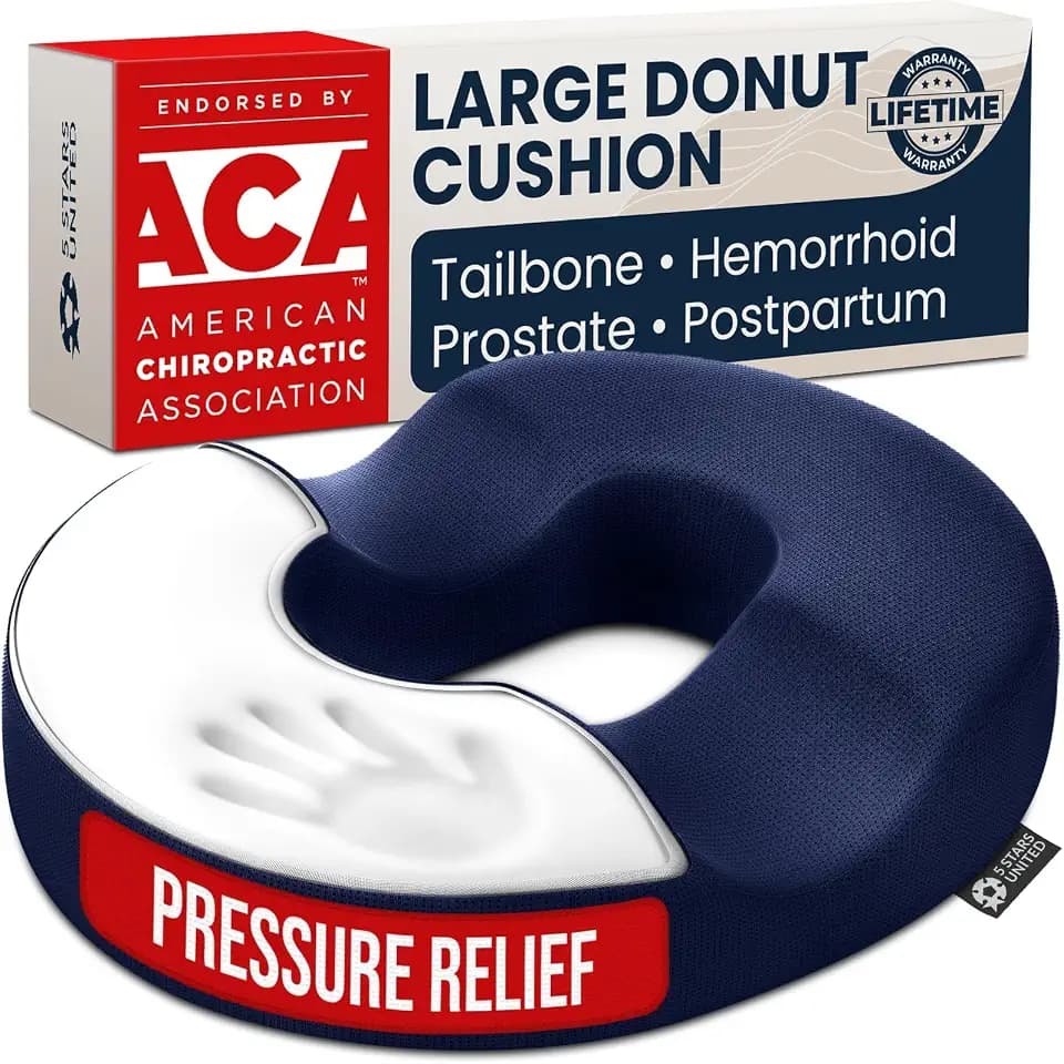 5 STARS UNITED Donut Pillow for Tailbone Pain & Hemorrhoids – Large Memory Foam Seat Cushion for Bed Sore-Prone Areas & Pressure Relief – Prostate, Postpartum & Pregnancy Support, Blue Mesh Cover