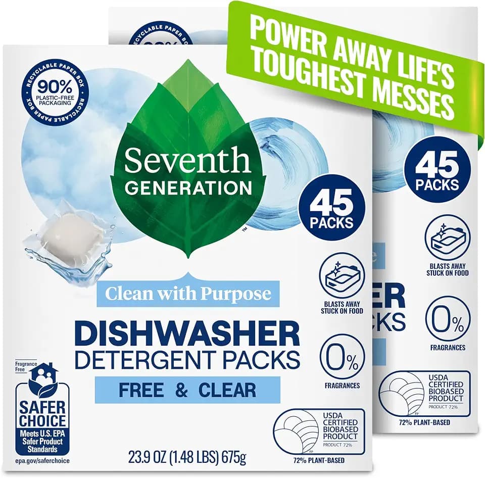 Seventh Generation Dishwasher Detergent Packs, Free & Clear, 45 Ct, 2 Pack