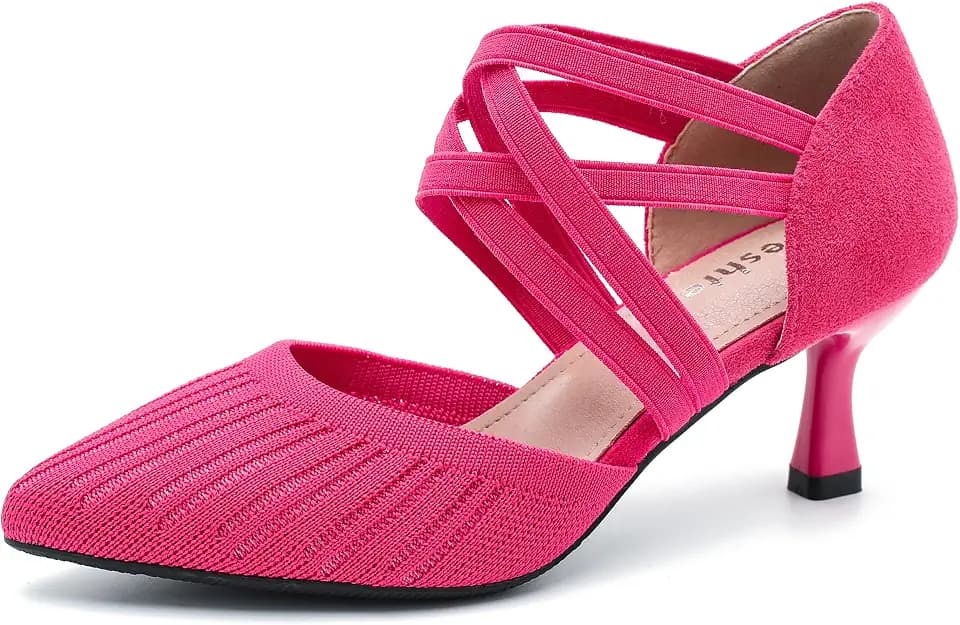 Women's Pointed Toe Kitten Heel Pumps, Elastic Cross Strap, Knit Slip On Dress Shoes
